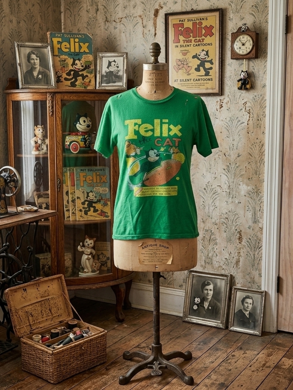 Vintage 1990 Felix the Cat Graphic Tee Retro Station Green T-Shirt Size M